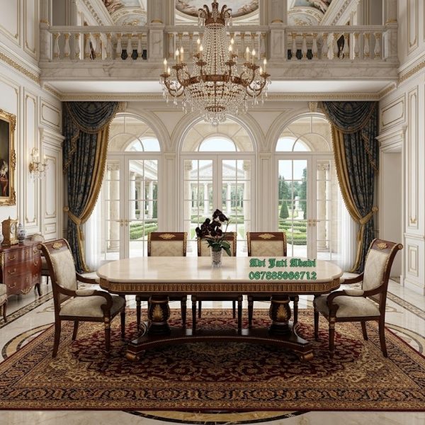 set meja makan mewah, meja makan jati klasik, meja makan ukir eropa, meja makan 8 kursi mewah, meja makan marmer asli, harga set meja makan mewah, mebel jati jepara mewah, furnitur ruang makan royal eropa, set meja makan ukiran emas, kursi makan beludru mewah