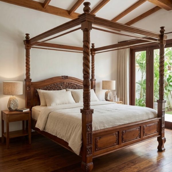 tempat tidur ukir canopi untuk villa dan resort nuansa Bali