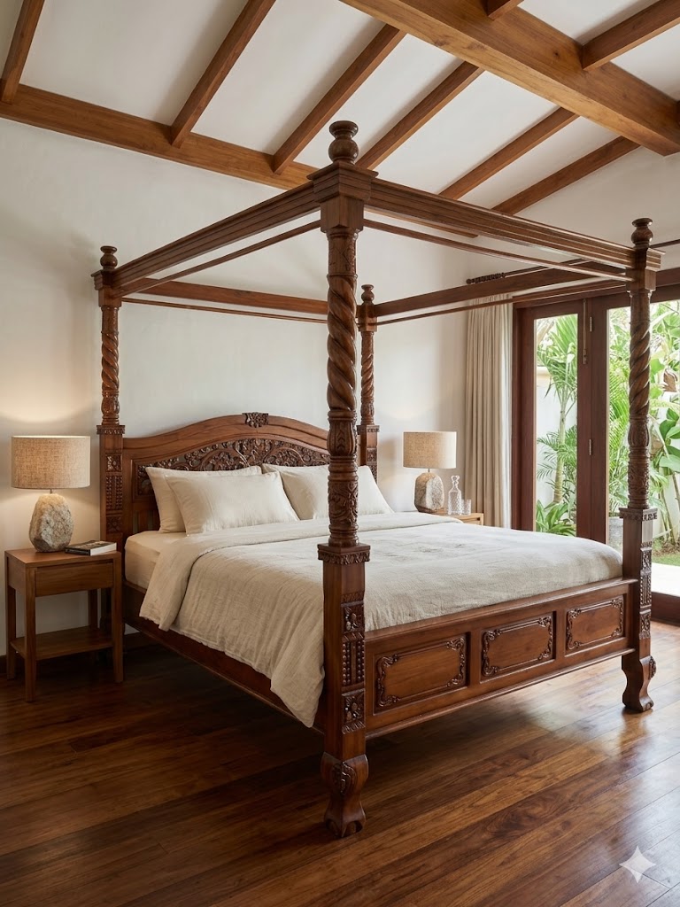 tempat tidur ukir canopi untuk villa dan resort nuansa Bali