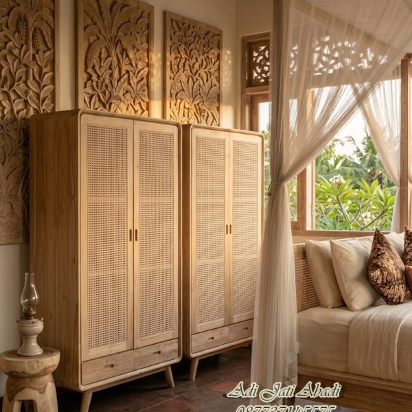 lemari pakaian rotan, lemari rotan minimalis, lemari pakaian kayu jati, lemari japandi, lemari minimalis modern, lemari rotan kayu jati, lemari pakaian aesthetic, lemari pakaian natural, furniture japandi, lemari baju rotan