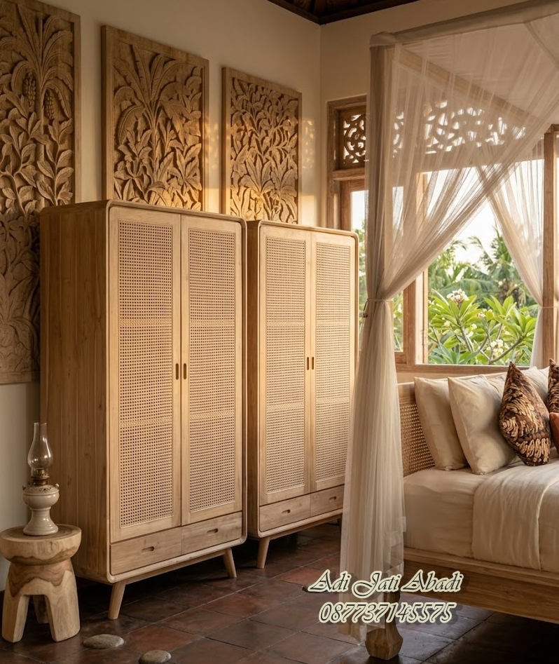 lemari pakaian rotan, lemari rotan minimalis, lemari pakaian kayu jati, lemari japandi, lemari minimalis modern, lemari rotan kayu jati, lemari pakaian aesthetic, lemari pakaian natural, furniture japandi, lemari baju rotan